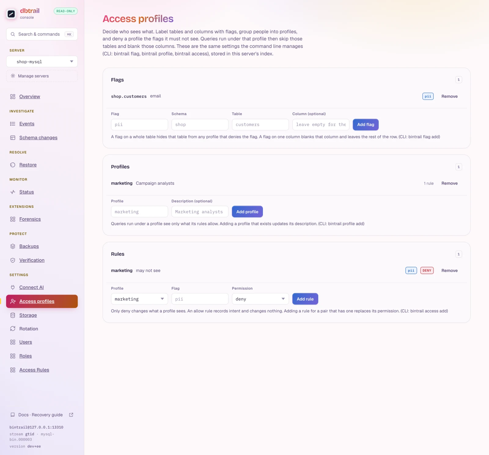 The Access profiles settings page: a Flags panel with the pii flag on shop.customers email, a Profiles panel with a marketing profile that has one rule, and a Rules panel where marketing may not see pii, each with the form that adds another entry.