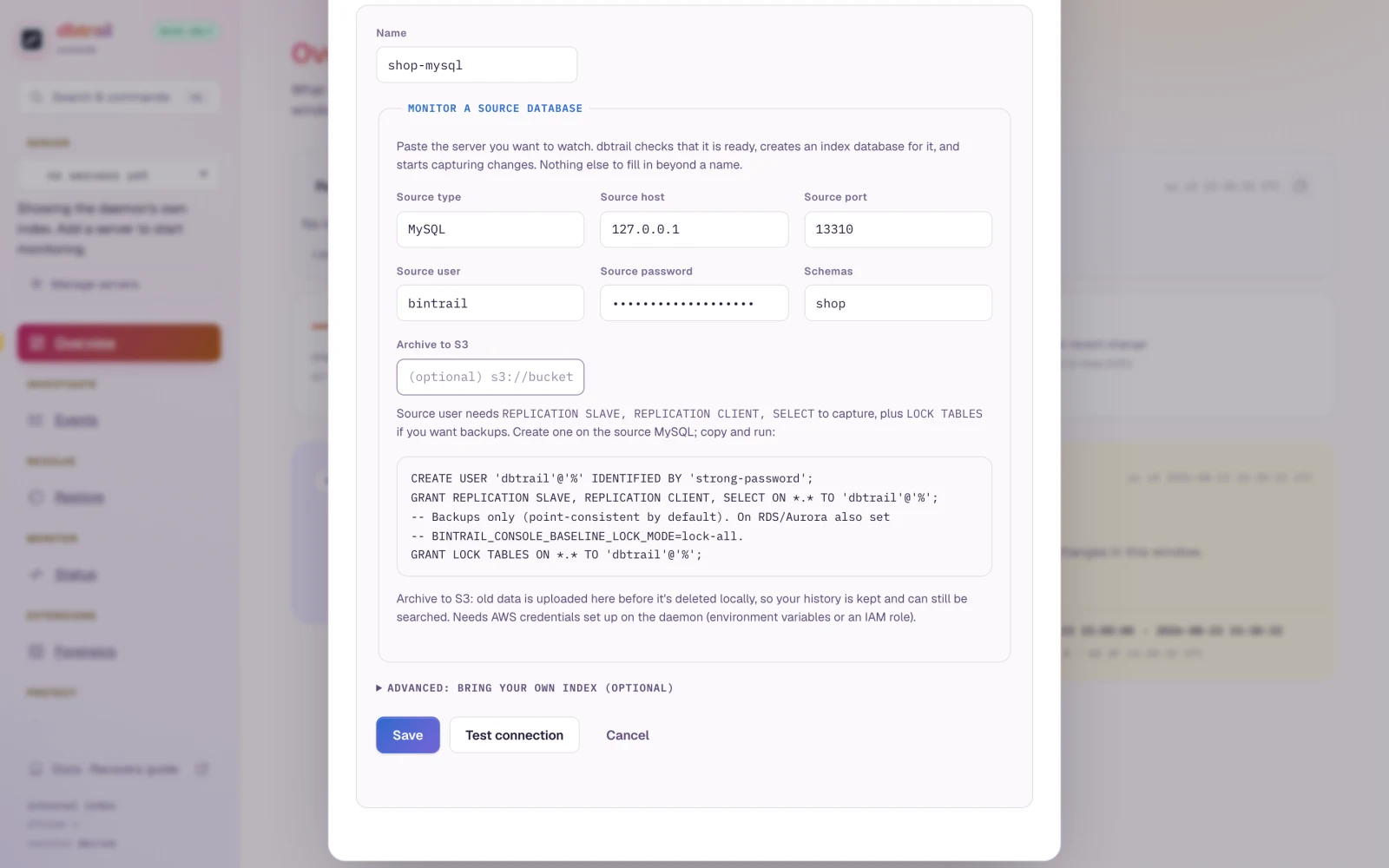 The + Add server form: name, source type, host, port, user, password and schemas fields, with the CREATE USER and GRANT statements ready to copy.