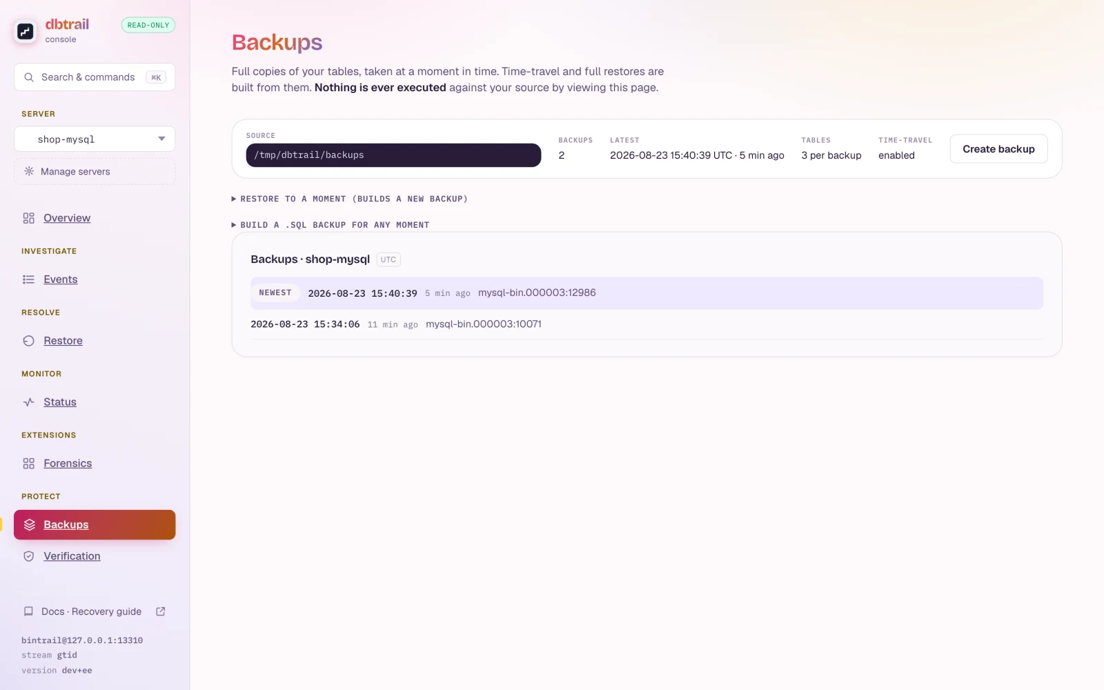 The Backups page: source destination, backup count, latest snapshot with its binlog coordinates, the Create backup button, and the per-server snapshot listing.
