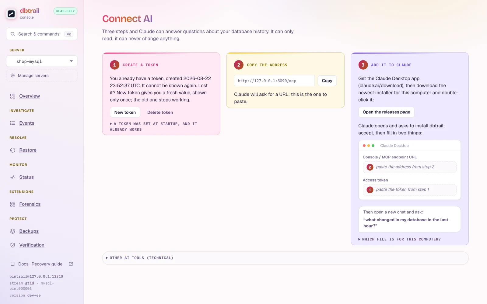 The Connect AI page: the console's MCP URL, the access token card, and per-client setup cards for Claude Desktop, claude.ai and Claude Code.