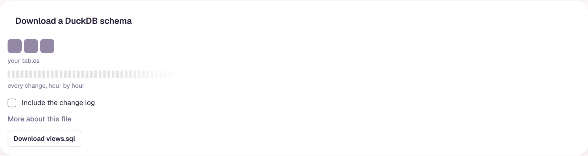 The Download a DuckDB schema card: a drawing of your tables and the change log hour by hour, the Include the change log checkbox, and the Download views.sql button.