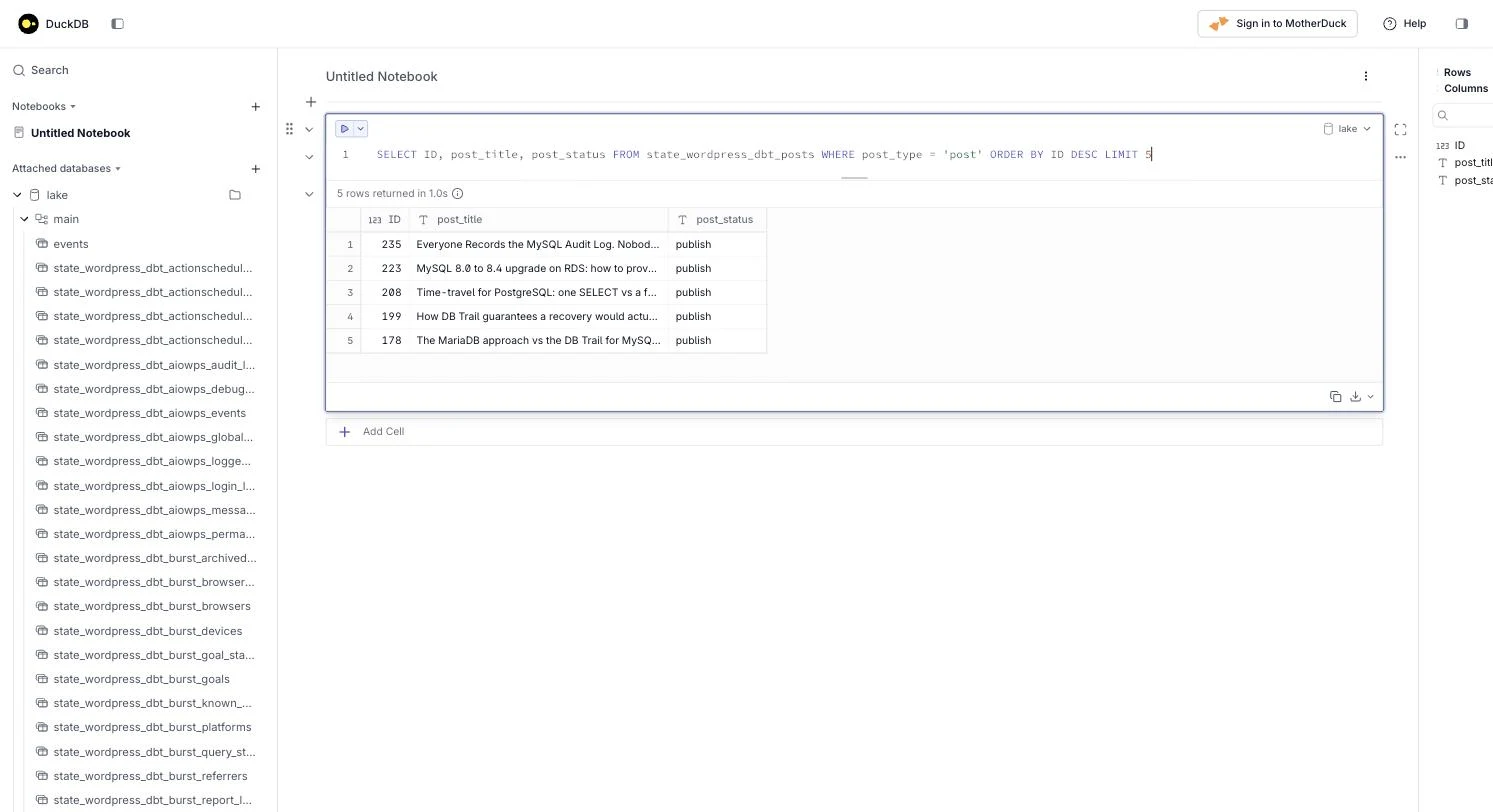 The DuckDB browser UI at localhost:4213: the lake database in the left column with the events view and the state views, a notebook cell with a SELECT over one state view, and its five result rows in a table.