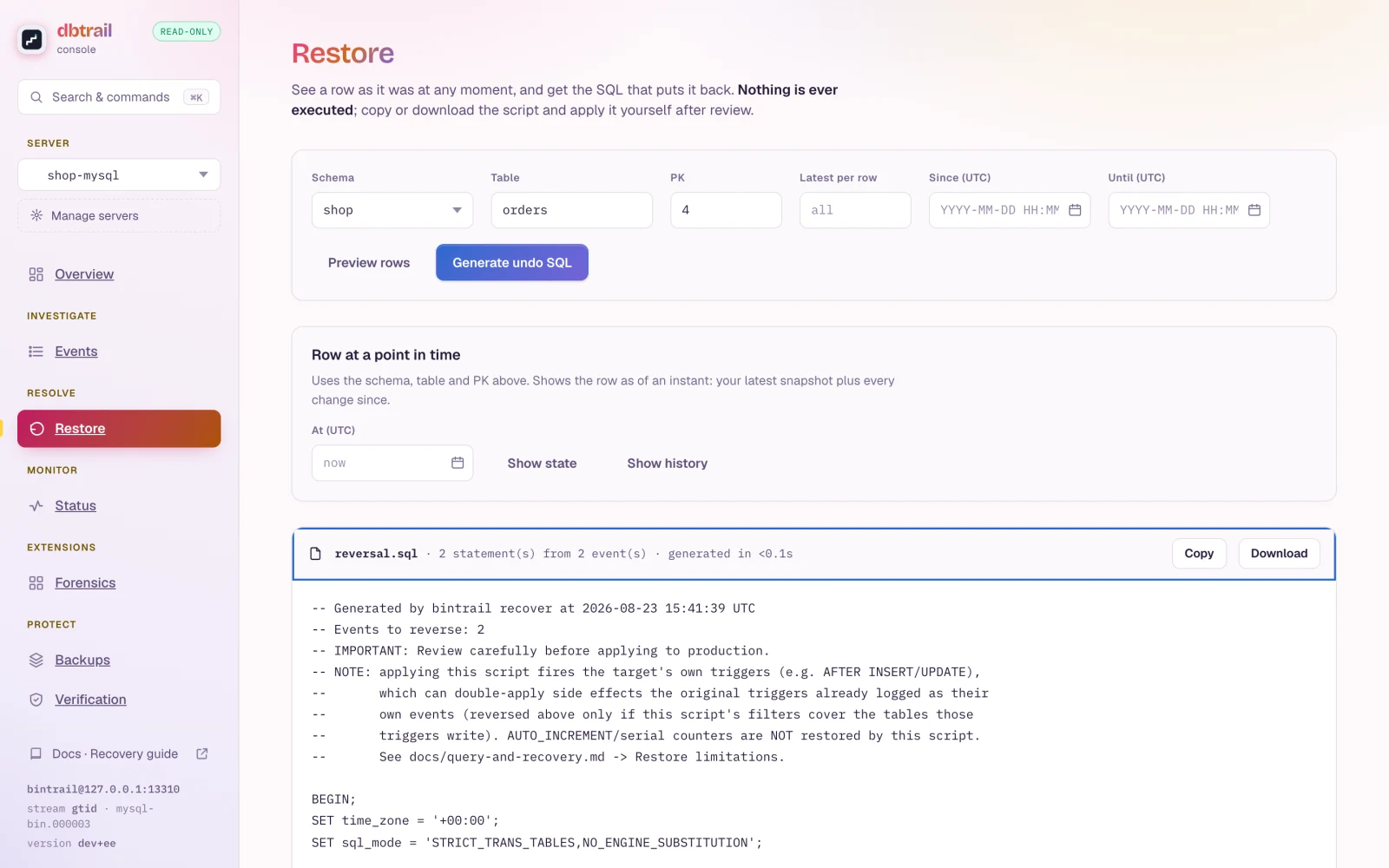 The Restore view: schema, table and PK filters, the row-at-a-point-in-time section, and a generated reversal.sql script with Copy and Download buttons.
