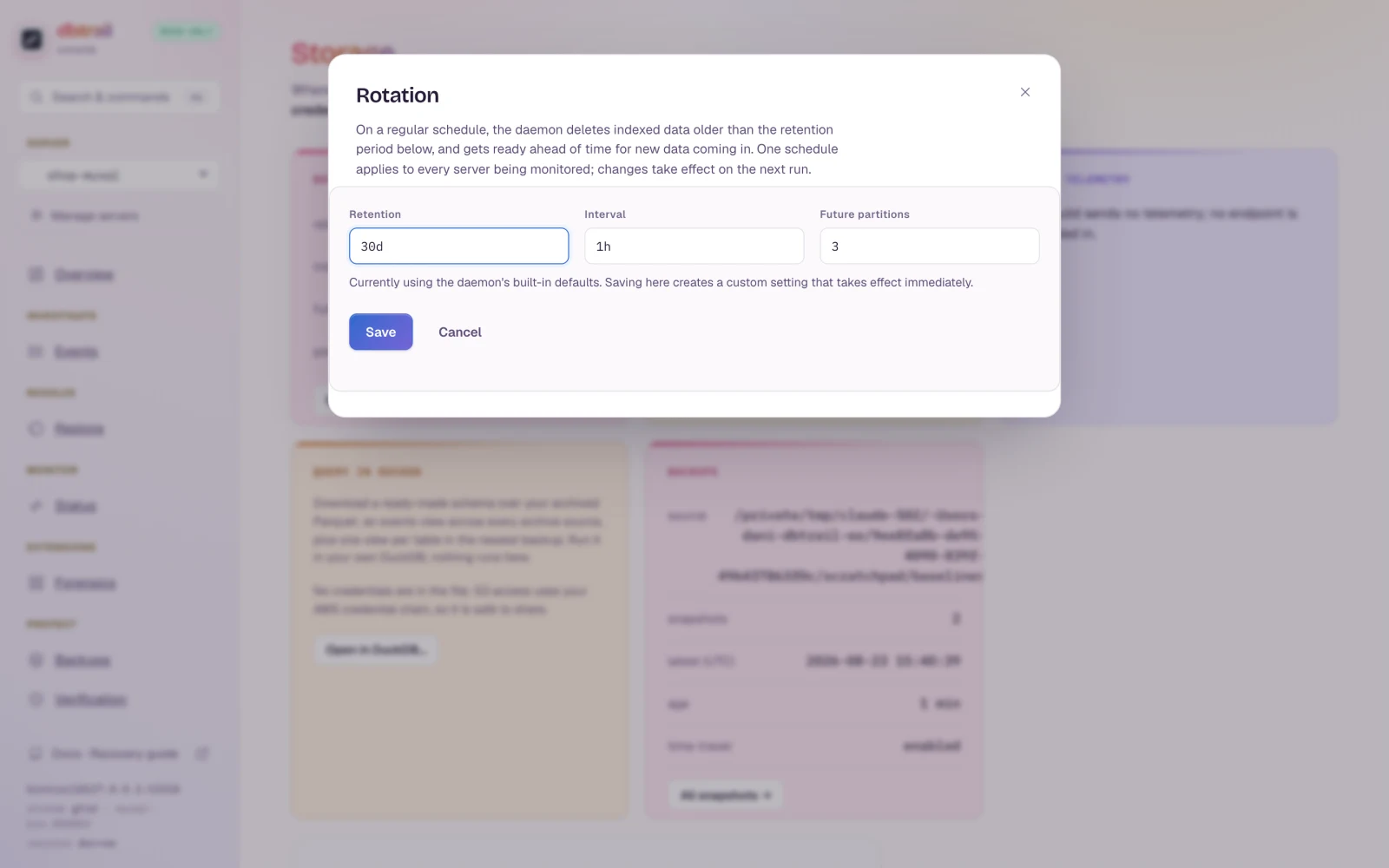 The Rotation dialog: retention, interval and future partitions, with changes taking effect on the next run.