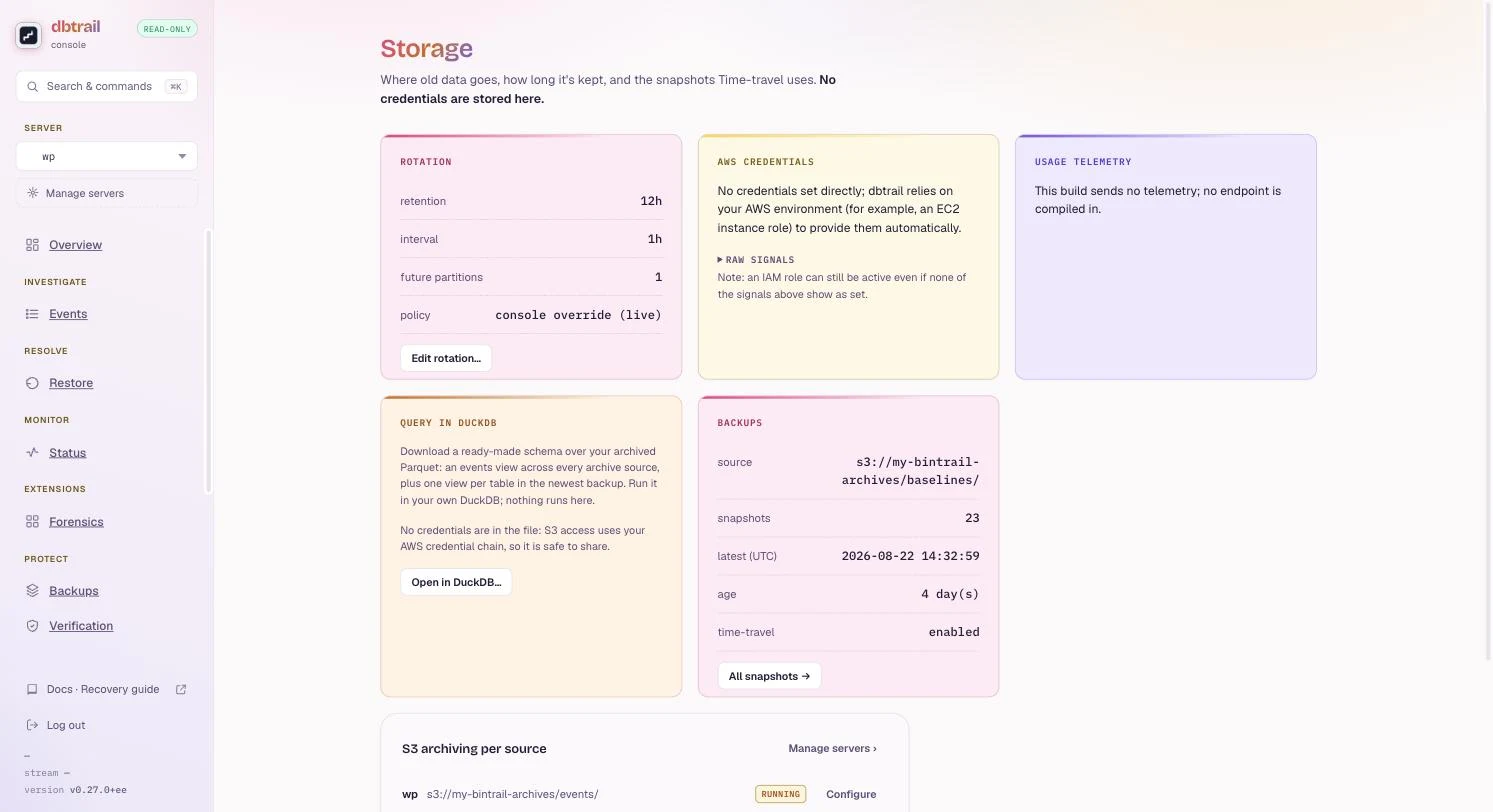The Storage page with the Query in DuckDB card: a short explanation, a note that no credentials are in the file, and an Open in DuckDB button, next to the Rotation, AWS credentials and Backups cards.