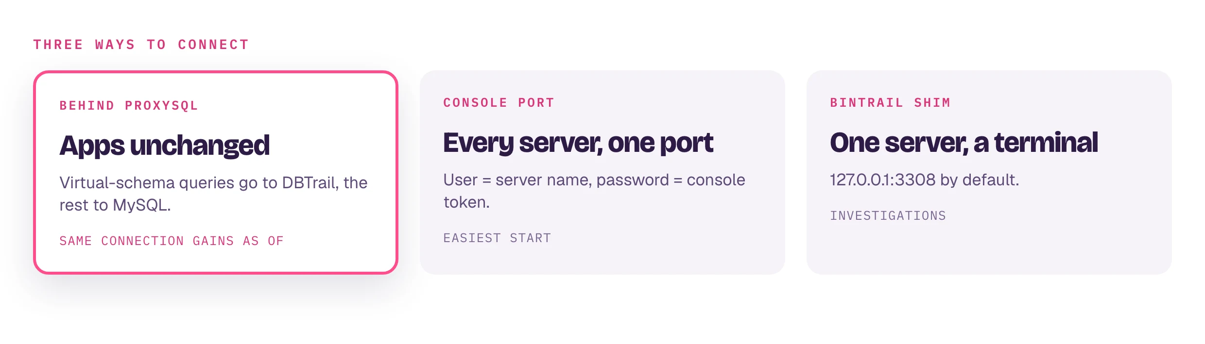Three ways to connect. Behind ProxySQL: apps unchanged, virtual-schema queries go to DBTrail and the rest to MySQL. Web interface port: every server on one port, user is the server name and password the access token. bintrail shim: one server on 127.0.0.1:3308 for investigations.