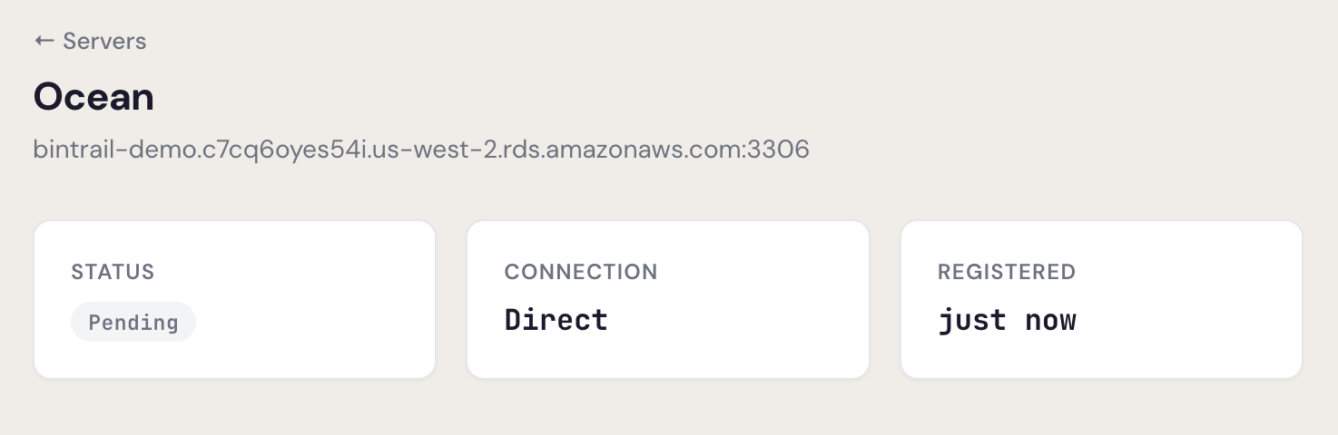 Server detail page showing Pending status, connection method, and registration time