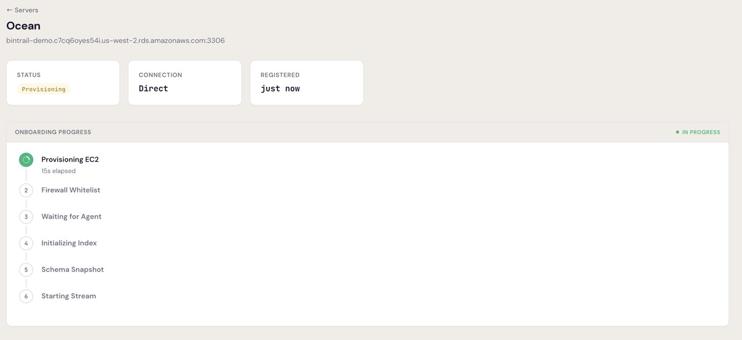 Onboarding progress panel showing Provisioning EC2 step