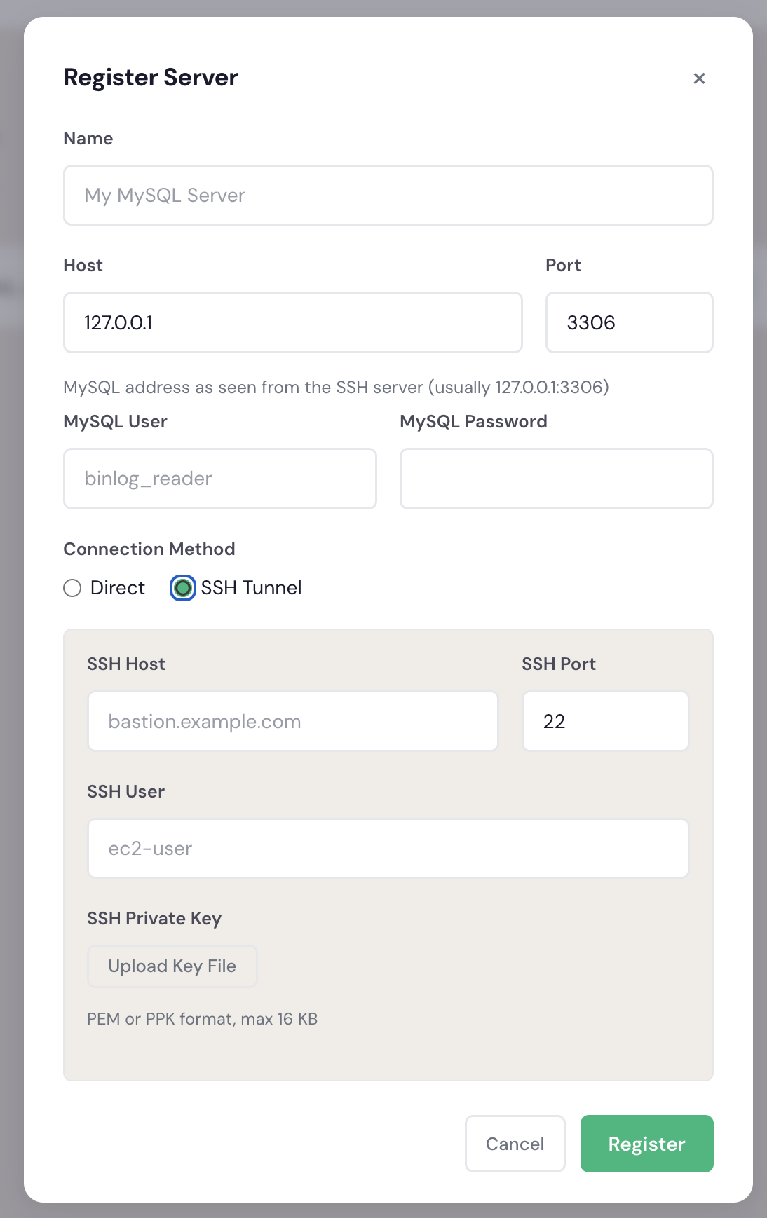 Register Server dialog showing connection details and SSH tunnel configuration