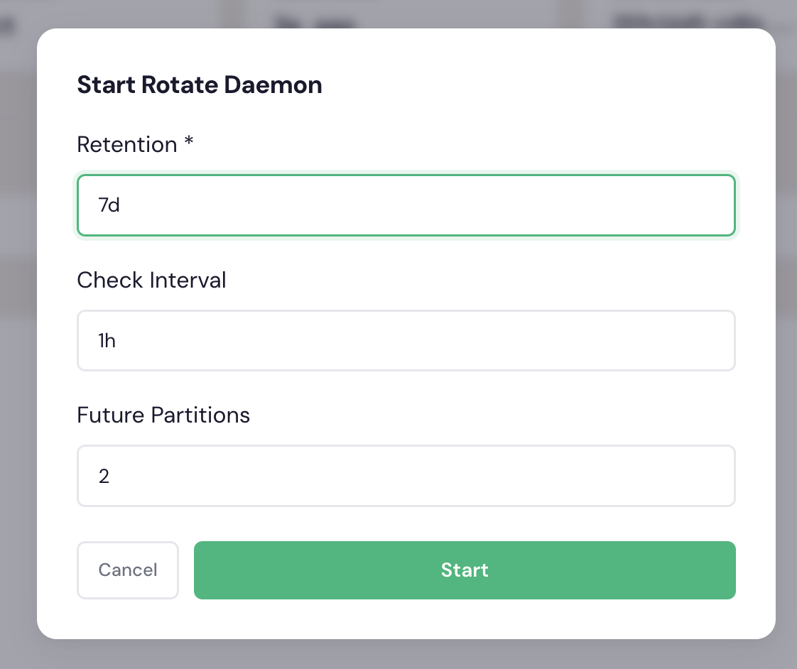 Start Rotate Daemon dialog with retention period, check interval, and future partitions settings