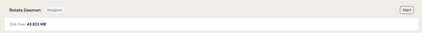 Rotate Daemon section showing Stopped status with disk free space and a Start button